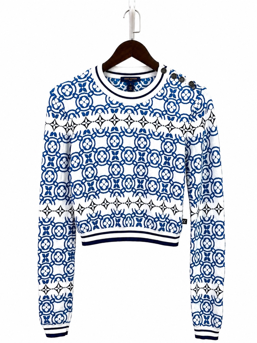 Louis Vuitton White Crewneck Sweater with Blue Logo Pattern